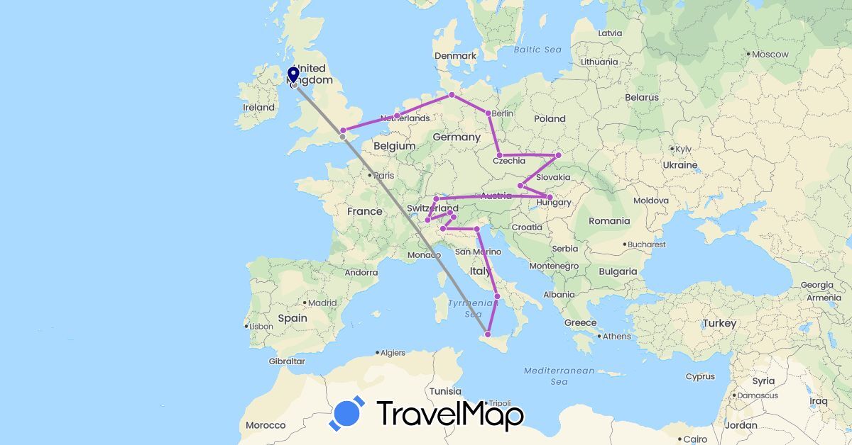 TravelMap itinerary: driving, plane, train in Austria, Switzerland, Czech Republic, Germany, United Kingdom, Hungary, Isle of Man, Italy, Netherlands, Poland (Europe)